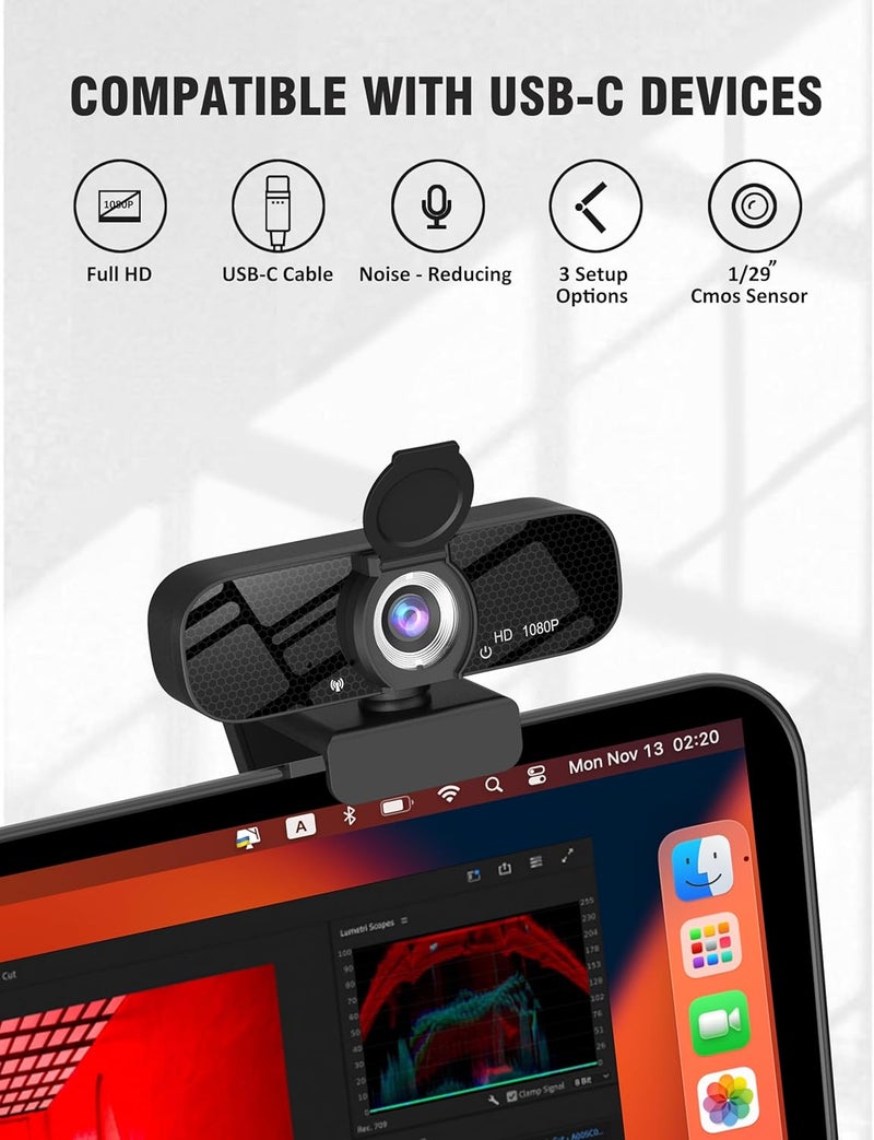 Tewiky Full HD Webcam with Built-in Microphone and Rotatable Tripod, 1080P Video and Wide Angle Camera, Privacy Cover, for Desktop PC or Laptop Computer - Image 4